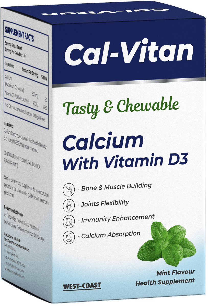 

Westcoast Cal-Vitan Pharma DMF Grade Calcium 500mg + Vitamin D3 mint Flavor Chewable 30 Tablet, 100% RDA Sugar-Free for Bone Strength, Muscle Suppo...