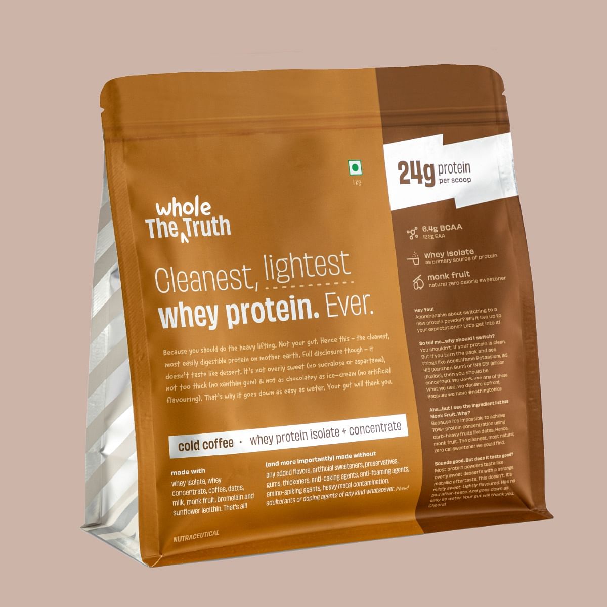 

The Whole Truth Whey Protein Isolate+Concentrate | Cold Coffee 1 kg (2.2 lbs) | 24g Protein/Scoop | 6.6g BCAA | 100% Authentic Whey and No Adultera...