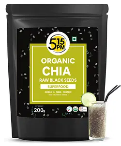 5:15PM Certified Organic Chia Seeds - Raw Unroasted Black Chia Seeds for Eating with Omega 3 and Fiber - 200g