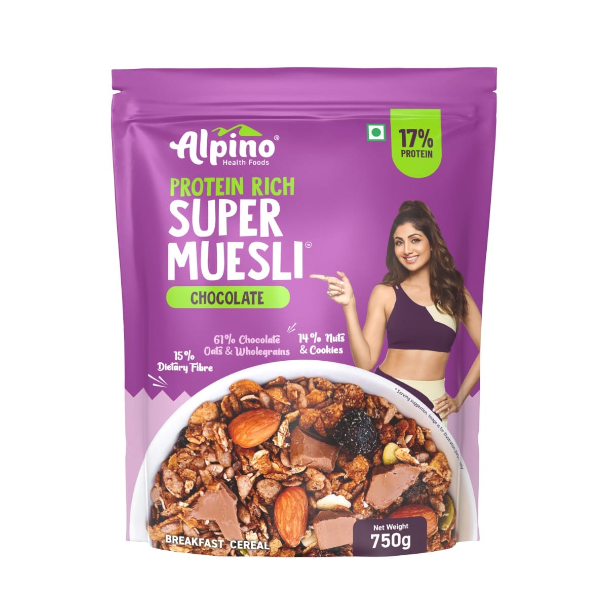 

ALPINO 17g Protein-Rich Super Muesli Chocolate 750g - 61% Whole Grains, 14% Nuts & Cookies - Source of Dietary Fibre & Healthy Fats