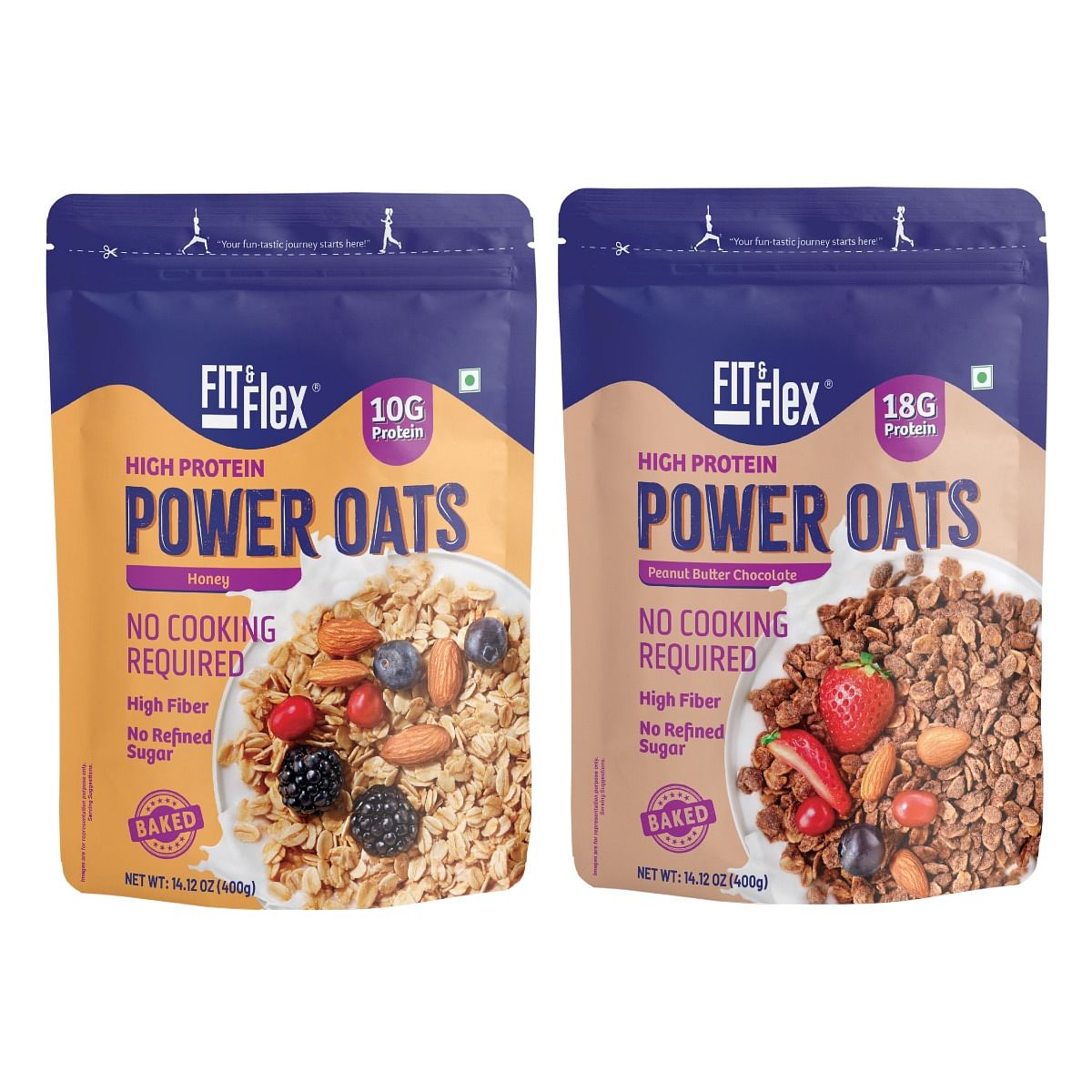 

Fit And Flex Power Oats | High Protein, Zero Sugar, Ready To Eat Baked Oats, Peanut Butter Chcoclate + Honey, Pack of 2 X 400g | NO COOKING REQUIRED