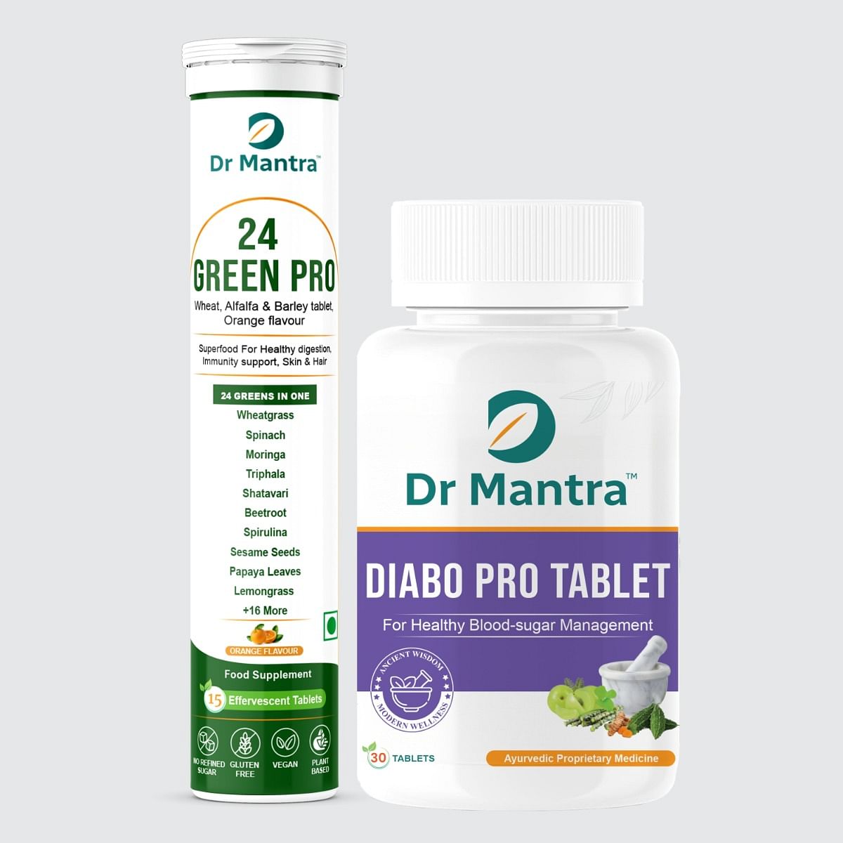 

Dr Mantra Diabo Pro 30 Tablets & 24 Green Pro Eff 15 Tablets