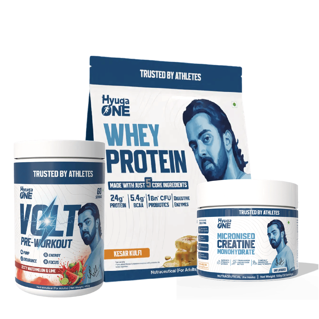 

Hyuga One Nutrition Combo : Whey Protein Kesar Kufli 1kg (24g Protein, 5.4g BCAA) + VOLT Pre-Workout Zesty Watermelon & Lime 480g (100mg Caffeine)+...
