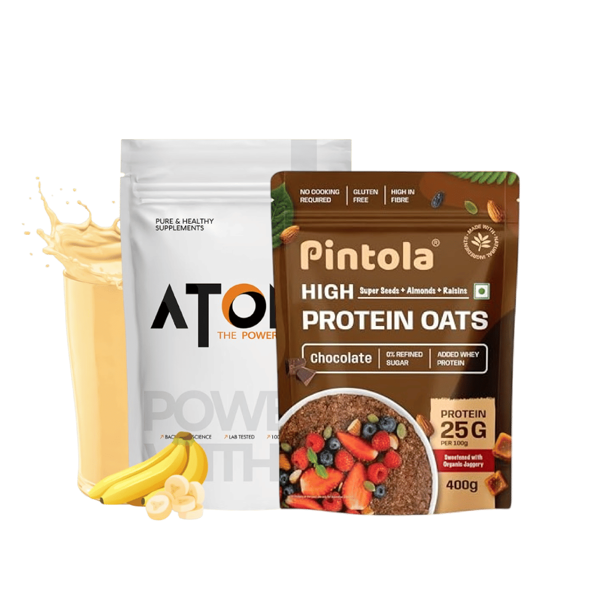 

AS-IT-IS ATOM Whey Protein 1kg | Banana Fusion | 27g protein | 5.7g BCAA | Digestive Enzymes + Pintola 25g High Protein Oats, Dark Chocolate, Oats ...