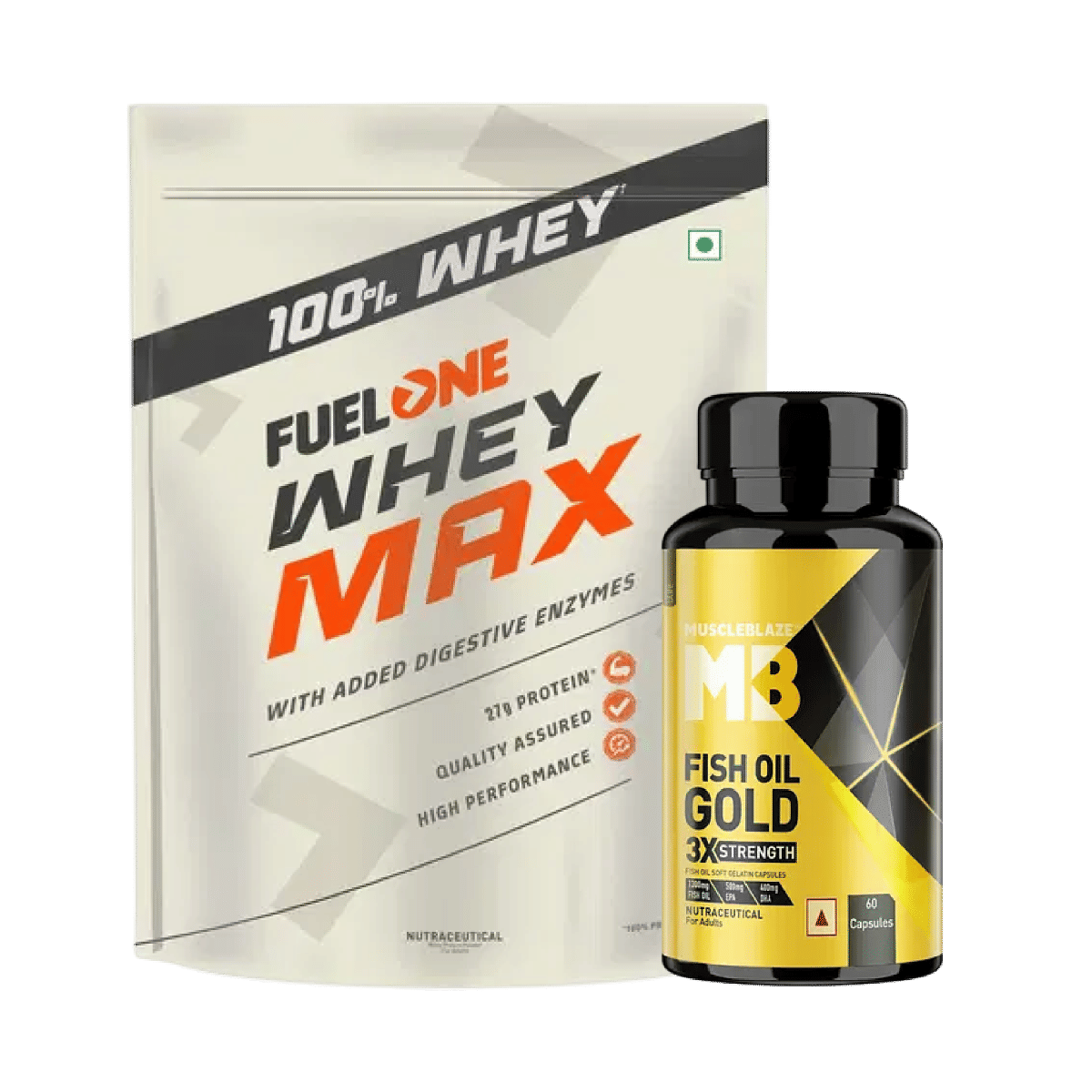 

Fuel One Whey Protein Max 1kg | 27g Protein, 5.96g BCAA & 4.7g Glutamic Acid | Isolate & Concentrate | Chocolate |+ MuscleBlaze MB Fish Oil Gold 60...