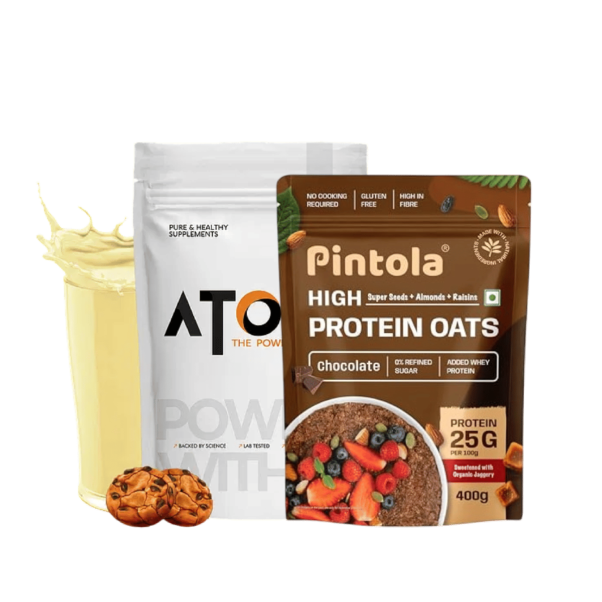 

AS-IT-IS ATOM Whey Protein 1kg | Cookies and cream | 27g protein | 5.7g BCAA | Digestive Enzymes + Pintola 25g High Protein Oats, Dark Chocolate, O...