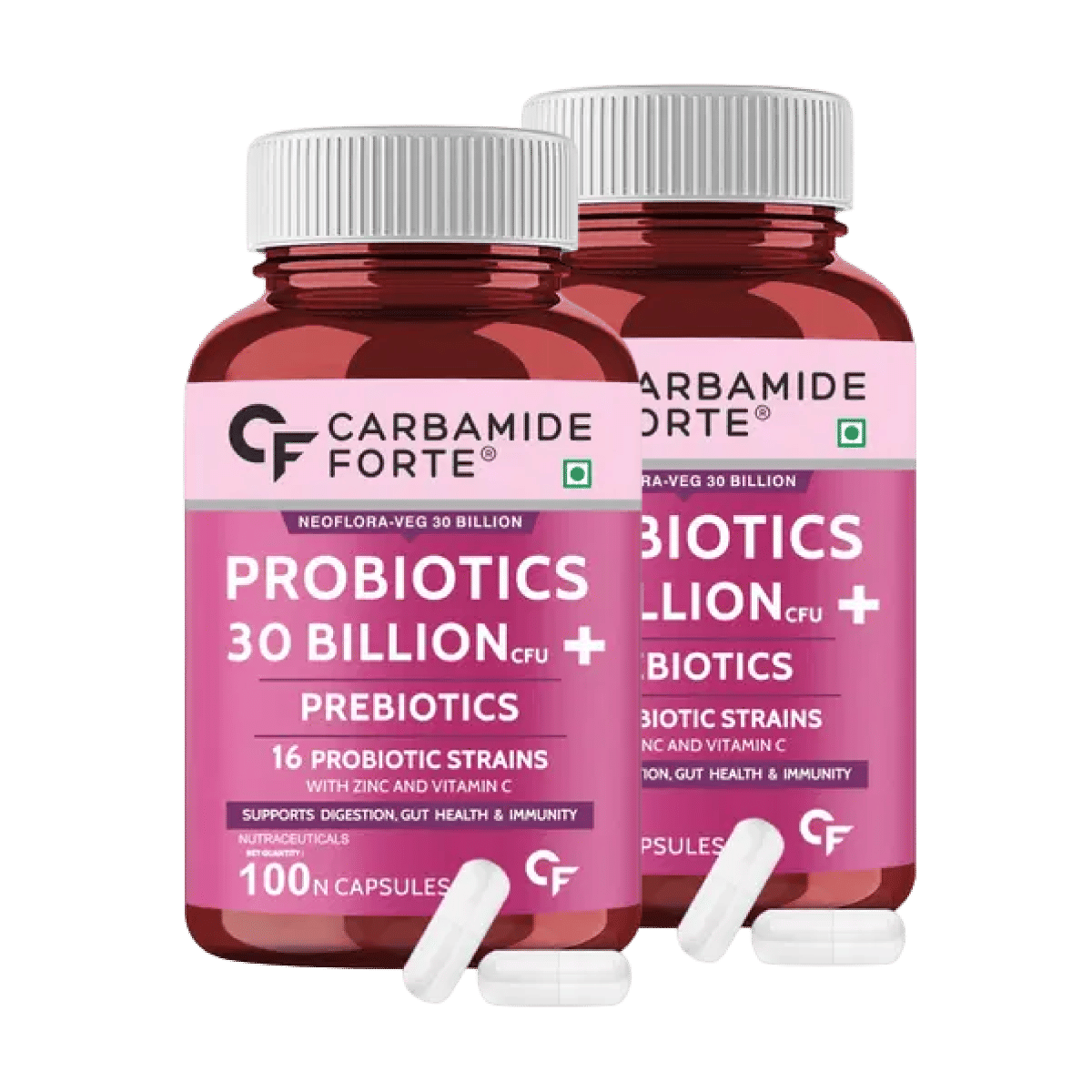 

Carbamide Forte Probiotics Supplement 30 Billion for Women & Men - 100 Veg Capsules - Support Gut Health, Digestion & Immunity. Pack of 2