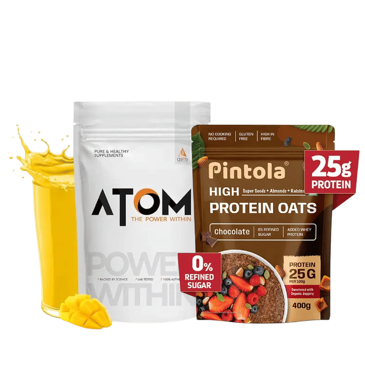 

AS-IT-IS ATOM Whey Protein with Digestive Enzymes| 27g protein | 5.7g BCAA | Lab Tested | Mango fusion flavor - 1kg+Pintola 25g High Protein Oats, ...