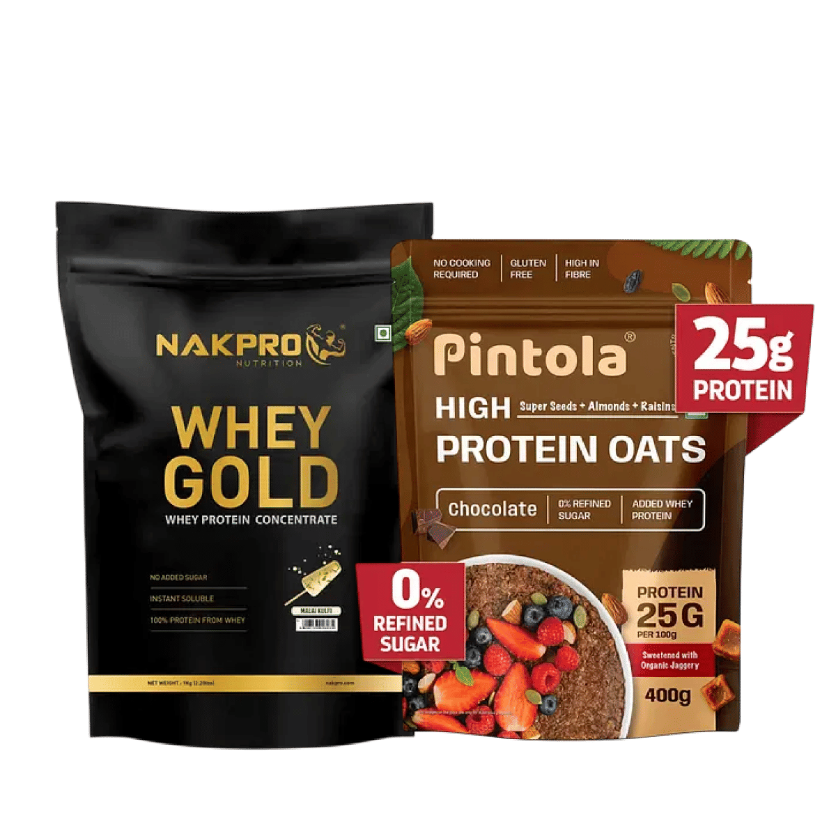 

NAKPRO Gold Whey Protein Concentrate 1kg Malai Kulfi | 25.5g Protein, 5.6g BCAA | 100% Authentic |+Pintola 25g High Protein Oats, Dark Chocolate -...