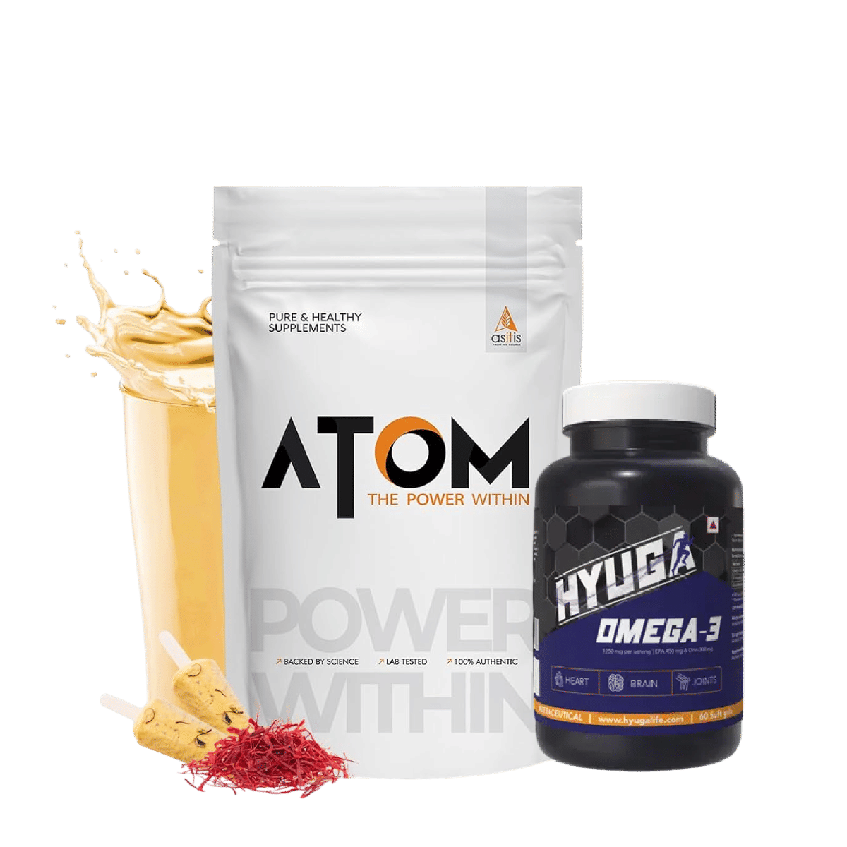 

AS-IT-IS ATOM Whey Protein with Digestive Enzymes | USA Labdoor Certified| 27g protein | 5.7g BCAA | Kesar Kulfi - 1kg+Hyuga Omega 3 | Triple Stren...