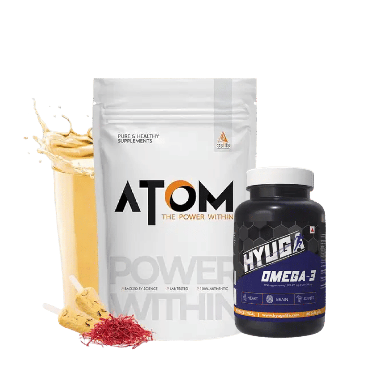 

AS-IT-IS ATOM Whey Protein with Digestive Enzymes | USA Labdoor Certified f| 27g protein |Kesar Kulfi Flavor - 2kg +Hyuga Omega 3 | Triple Strength...