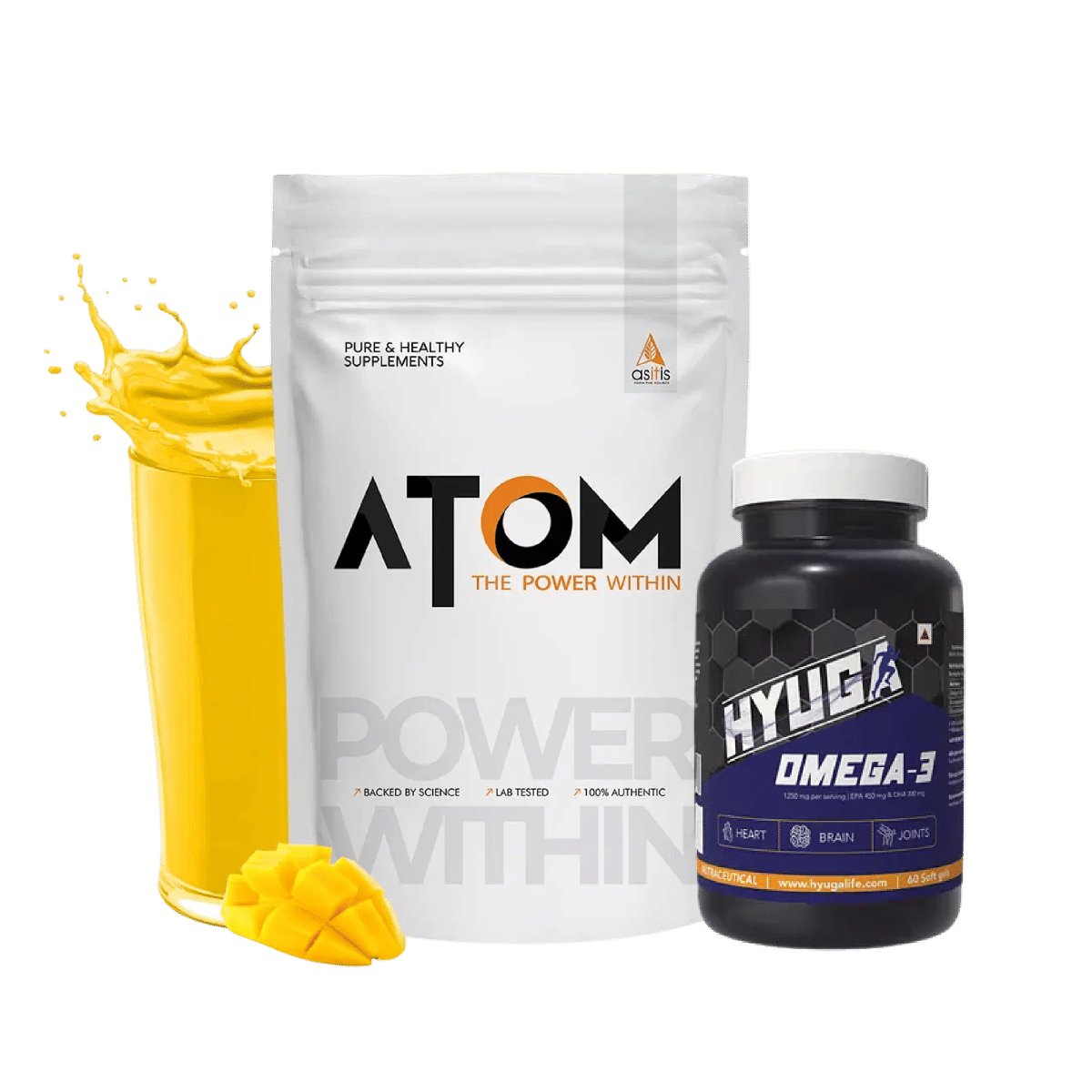 

AS-IT-IS ATOM Whey Protein with Digestive Enzymes | 27g protein | 5.7g BCAA | Lab Tested | Mango fusion flavor - 2kg +Hyuga Omega 3 | Triple Streng...