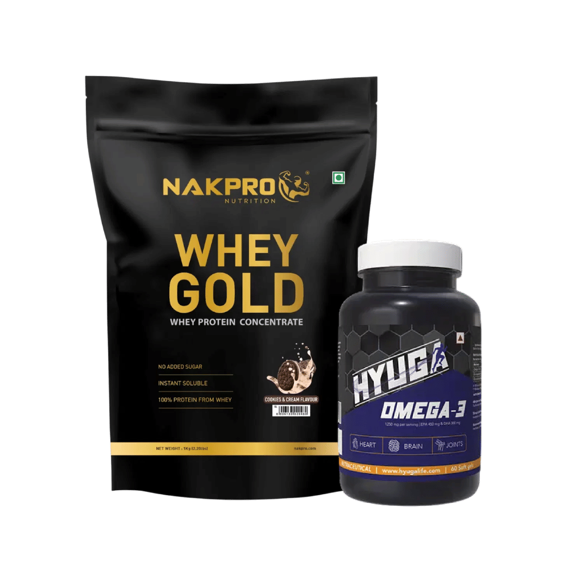

NAKPRO Gold Whey Protein Concentrate 1kg Cookies & Cream | 25.5g Protein, 5.6g BCAA | 100% Authentic Supplement Powder |+Hyuga Omega 3 | Triple St...