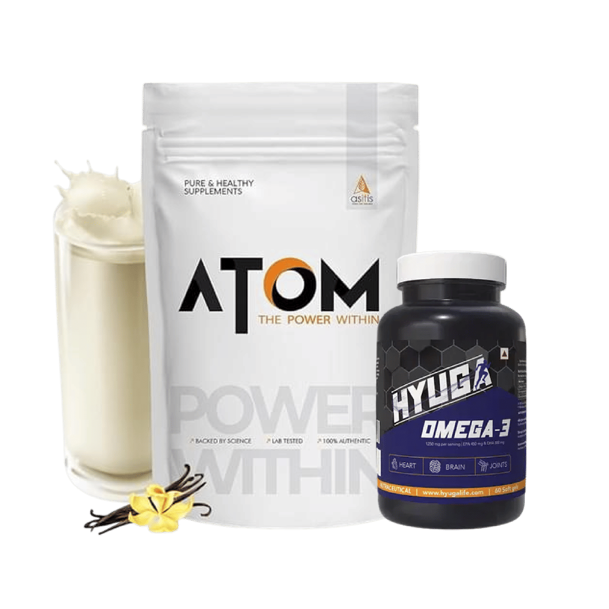 

AS-IT-IS ATOM Whey Protein with Digestive Enzymes | 27g protein | 5.7g BCAA | Lab Tested | French vanilla flavor - 2kg+Hyuga Omega 3 | Triple Stren...