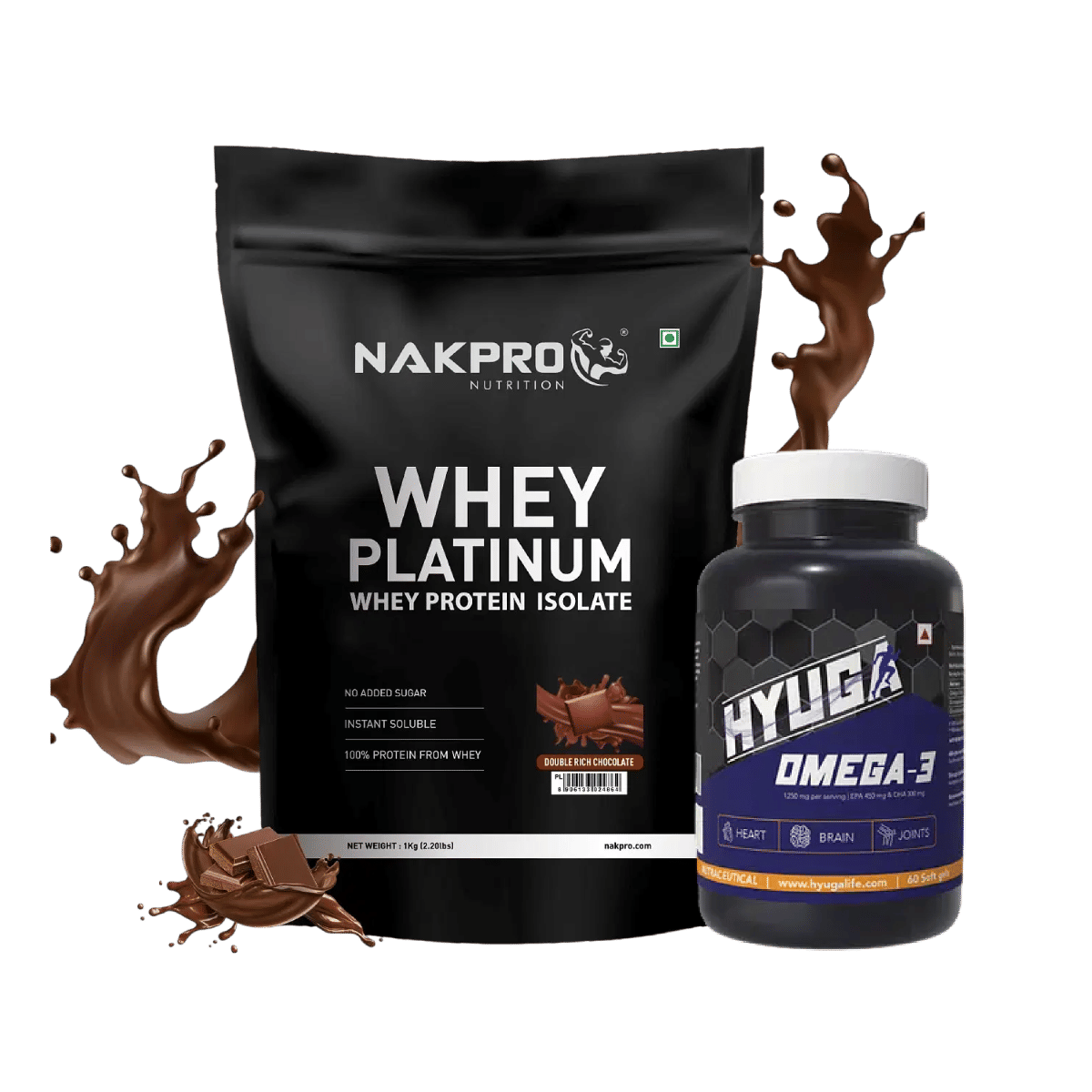 

NAKPRO Platinum Whey Protein Isolate 1kg Double Rich Chocolate | 28g Protein, 6.4g BCAA | 100% Authentic| Low Carbs +Hyuga Omega 3 | Triple Streng...