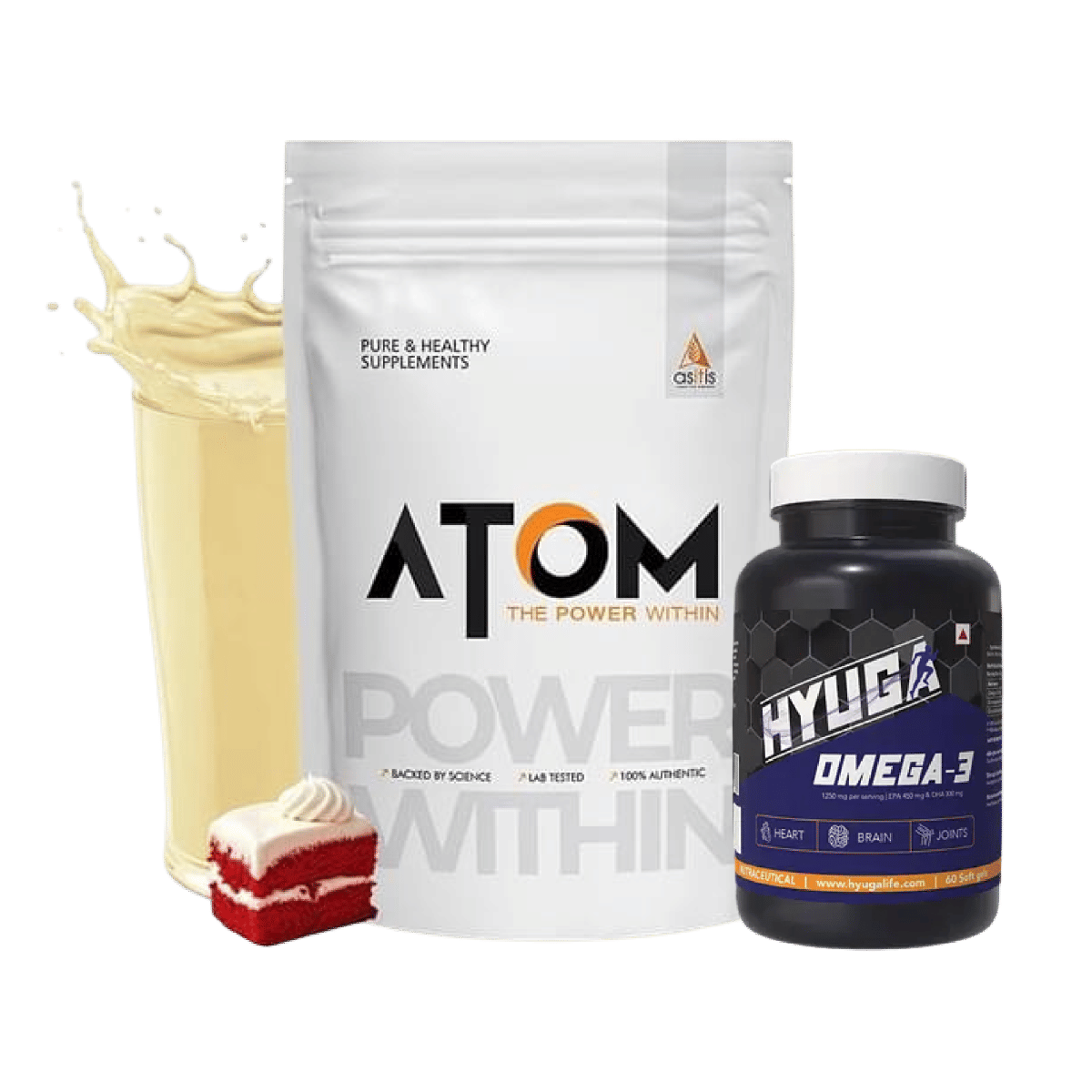 

AS-IT-IS ATOM Whey Protein with Digestive Enzymes, 27g protein, 5.7g BCAA, Lab Tested - Classic Red Velvet - 1kg +Hyuga Omega 3 | Triple Strength |...