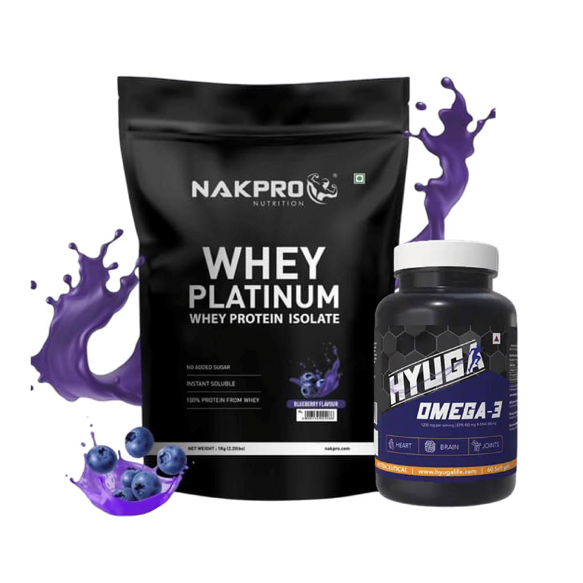 

NAKPRO Platinum Whey Protein Isolate 1kg Blueberry | 28g Protein, 6.4g BCAA | 100% Authentic Supplement Powder | Low Carbs,+Hyuga Omega 3 | Triple...