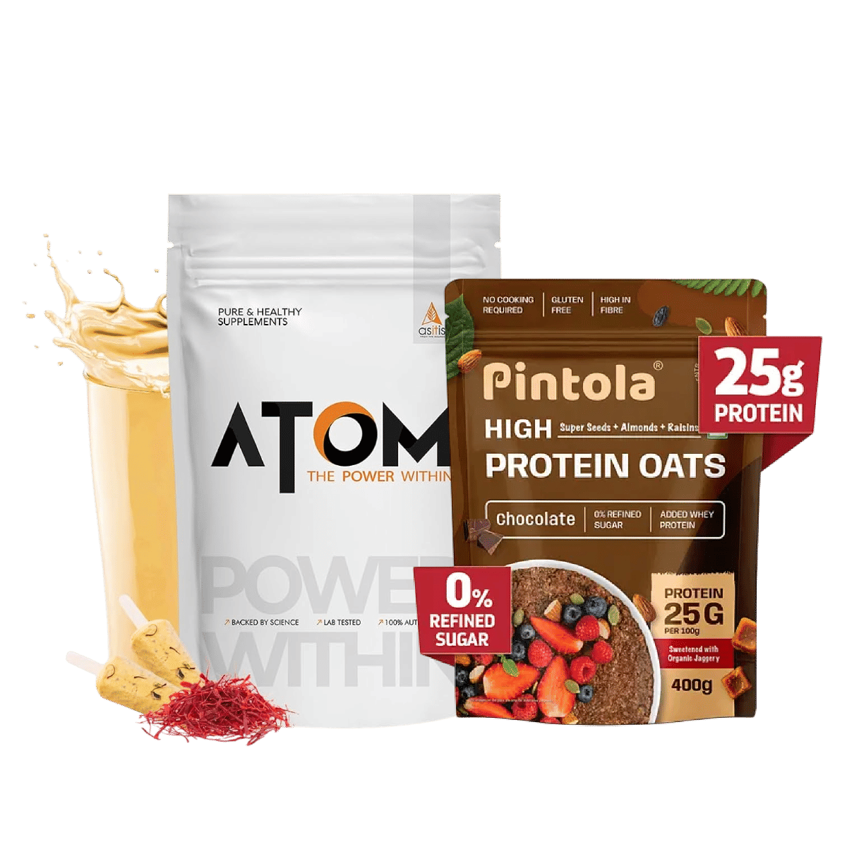 

AS-IT-IS ATOM Whey Protein with Digestive Enzymes | USA Labdoor Certified f| 27g protein | 5.7g BCAA | Kesar Kulfi Flavor - 2kg+Pintola 25g High Pr...