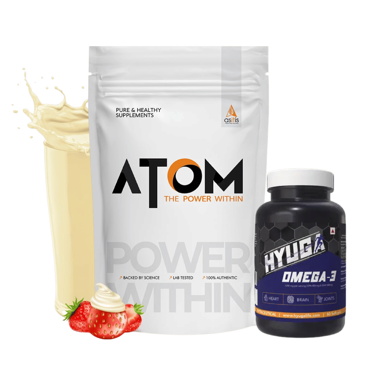 

AS-IT-IS ATOM Whey Protein with Digestive Enzymes, 27g protein, 5.7g BCAA, Lab Tested , Creamy Strawberry - 1kg +Hyuga Omega 3 | Triple Strength | ...