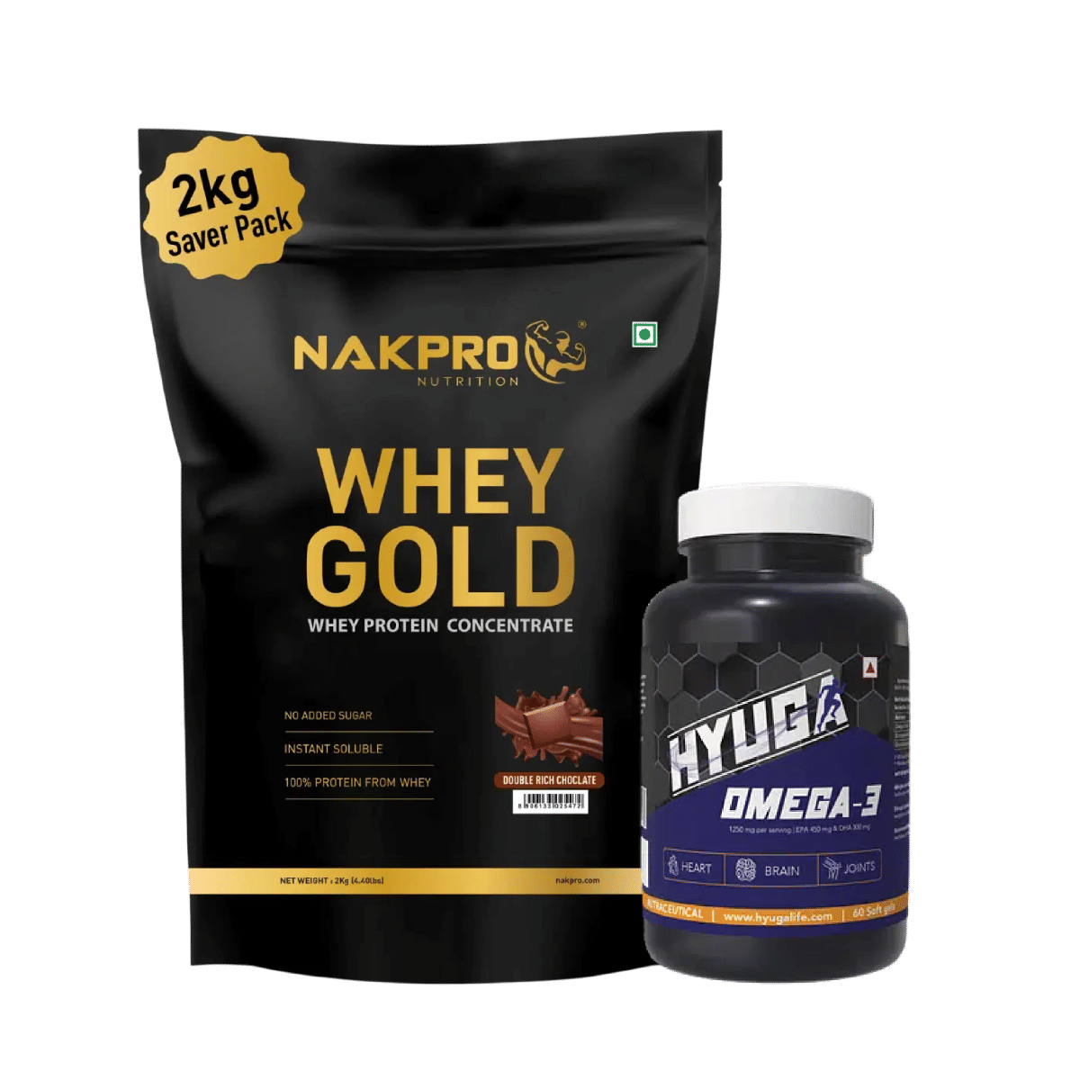 

NAKPRO Gold Whey Protein Concentrate 2kg Double Rich Chocolate | 25.5g Protein, 5.6g BCAA | 100% Authentic |+Hyuga Omega 3 | Triple Strength | 125...
