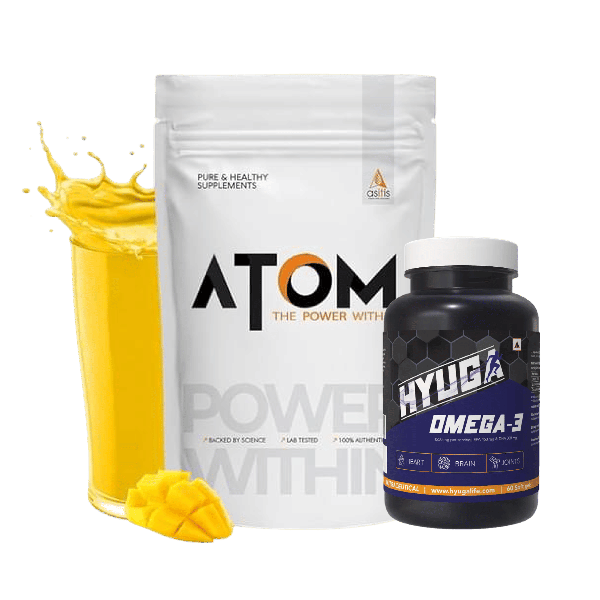 

AS-IT-IS ATOM Whey Protein with Digestive Enzymes| 27g protein | 5.7g BCAA | Lab Tested | Mango fusion flavor - 1kg+Hyuga Omega 3 | Triple Strength...