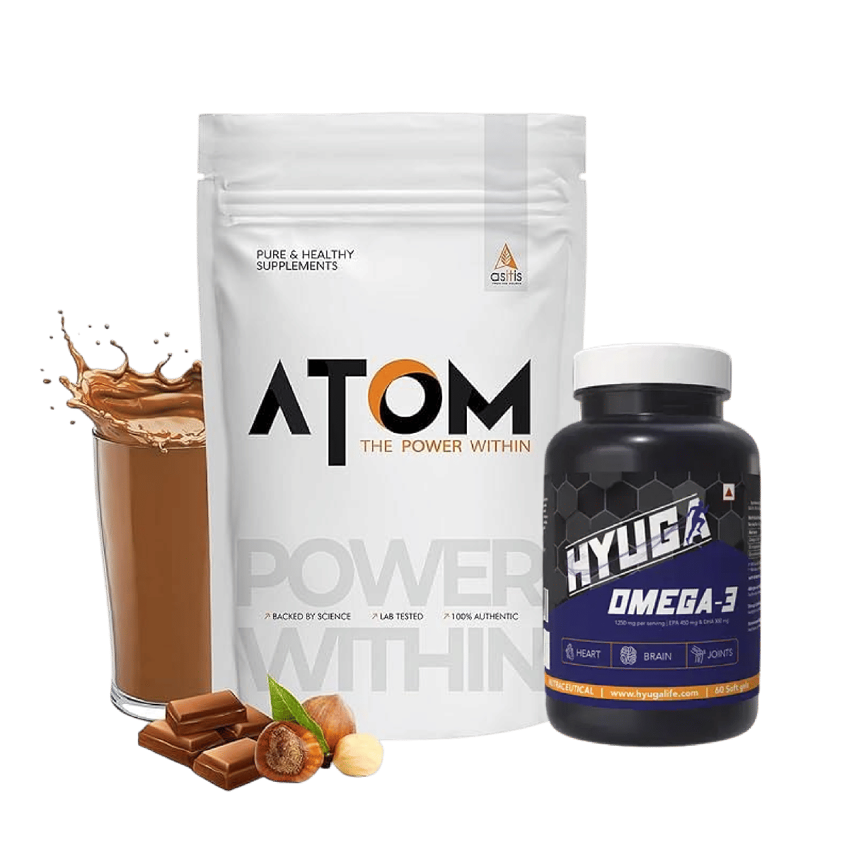 

AS-IT-IS ATOM Whey Protein with Digestive Enzymes | 27g protein | 5.7g BCAA | Lab Tested | Choco Hazel Fusion flavor- 2kg+Hyuga Omega 3 | Triple St...