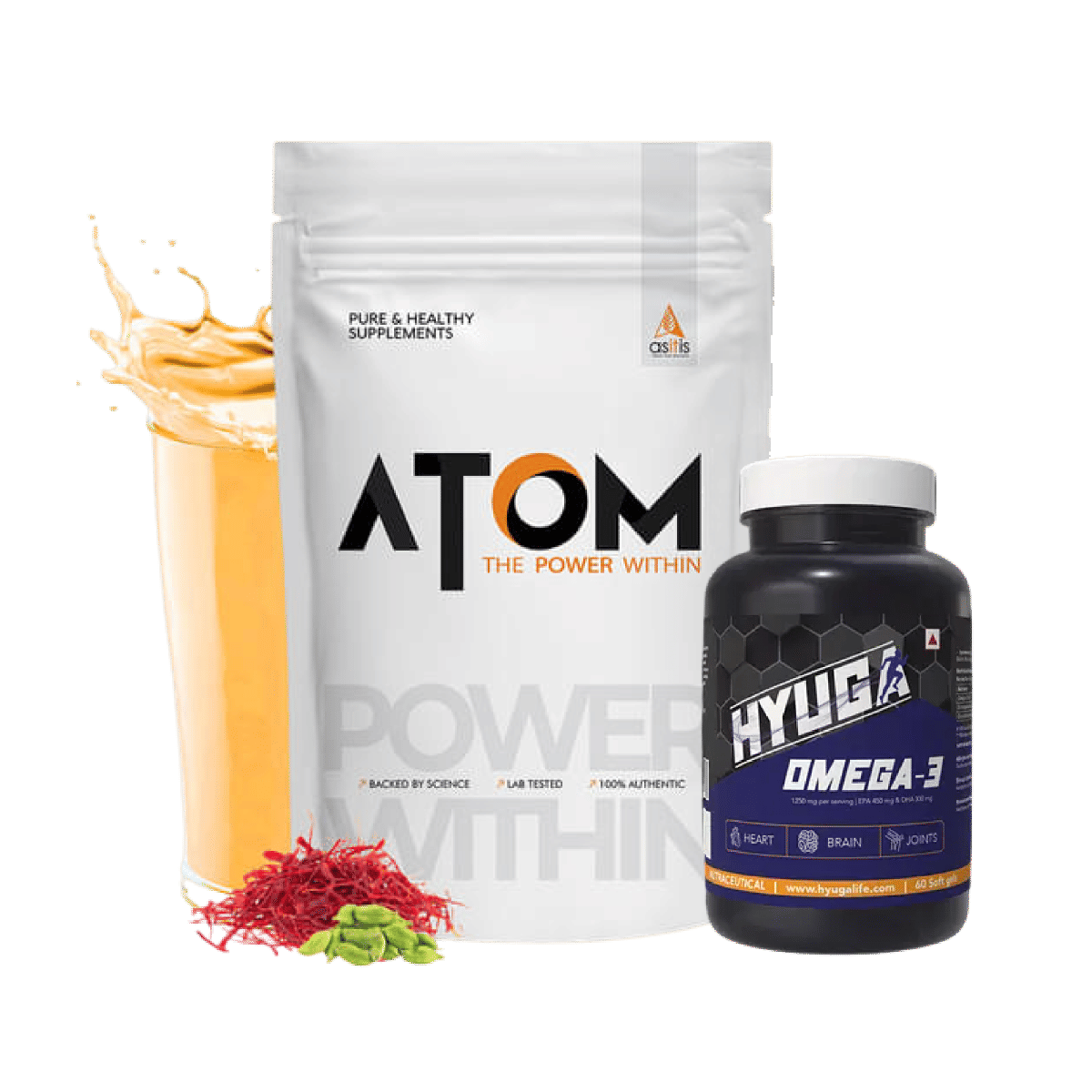 

AS-IT-IS ATOM Whey Protein with Digestive Enzymes | 27g protein | 5.7g BCAA | Lab Tested | Kesar Elaichi - 1kg+Hyuga Omega 3 | Triple Strength | 12...
