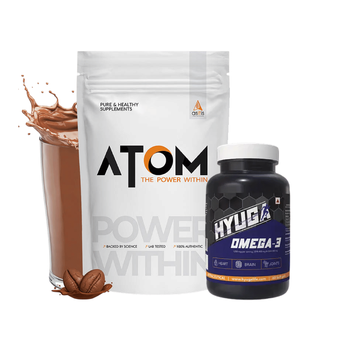 

AS-IT-IS ATOM Whey Protein with Digestive Enzymes | 27g protein | 5.7g BCAA | Lab Tested | Mocha Cappuccino - 1kg +Hyuga Omega 3 | Triple Strength ...