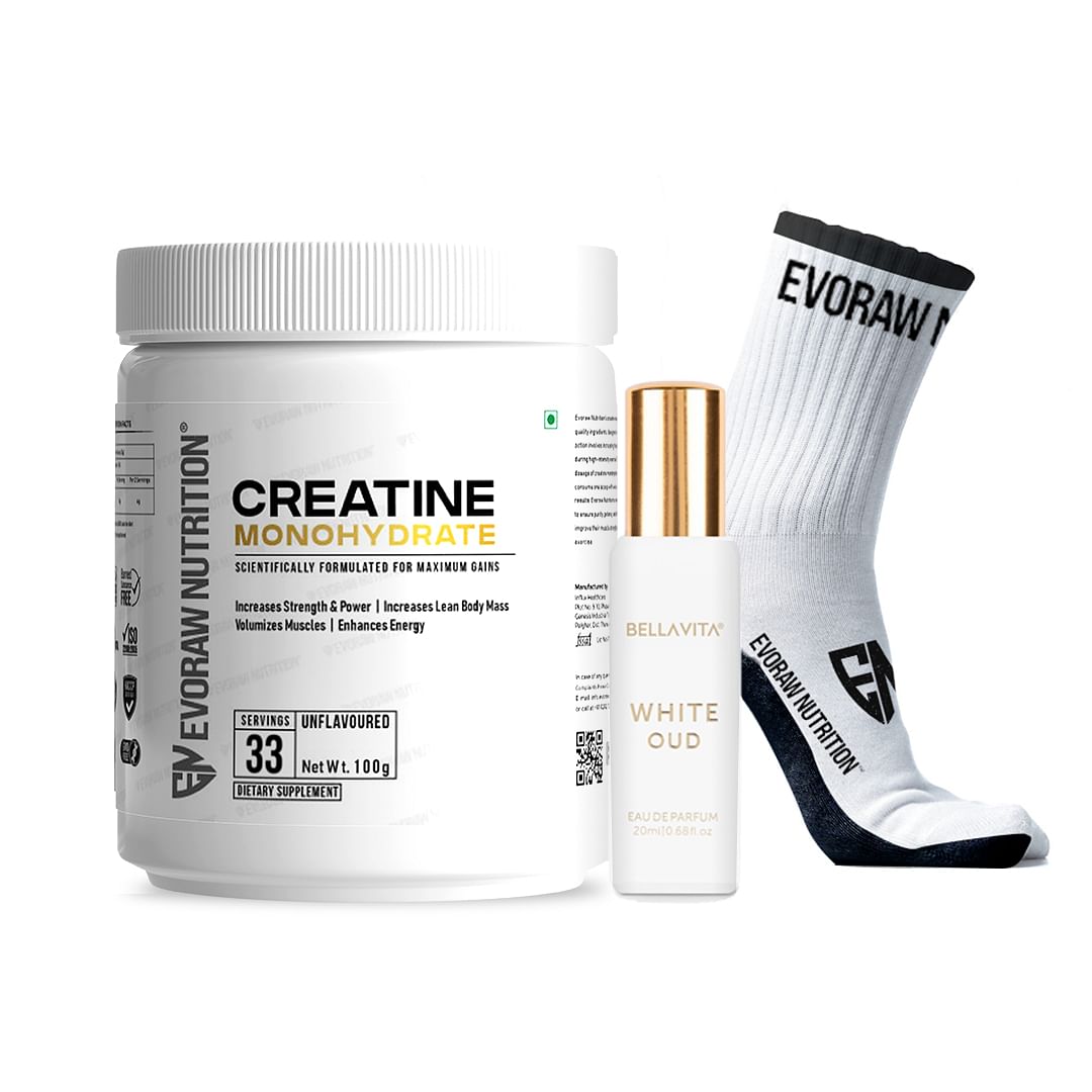 

Evoraw Nutrition Creatine Mono (Unflavoured, 33 Servings) Formulated for Maximum Gains, 100g with Free Bellavita Perfume & Evoraw Dri-FIT Socks