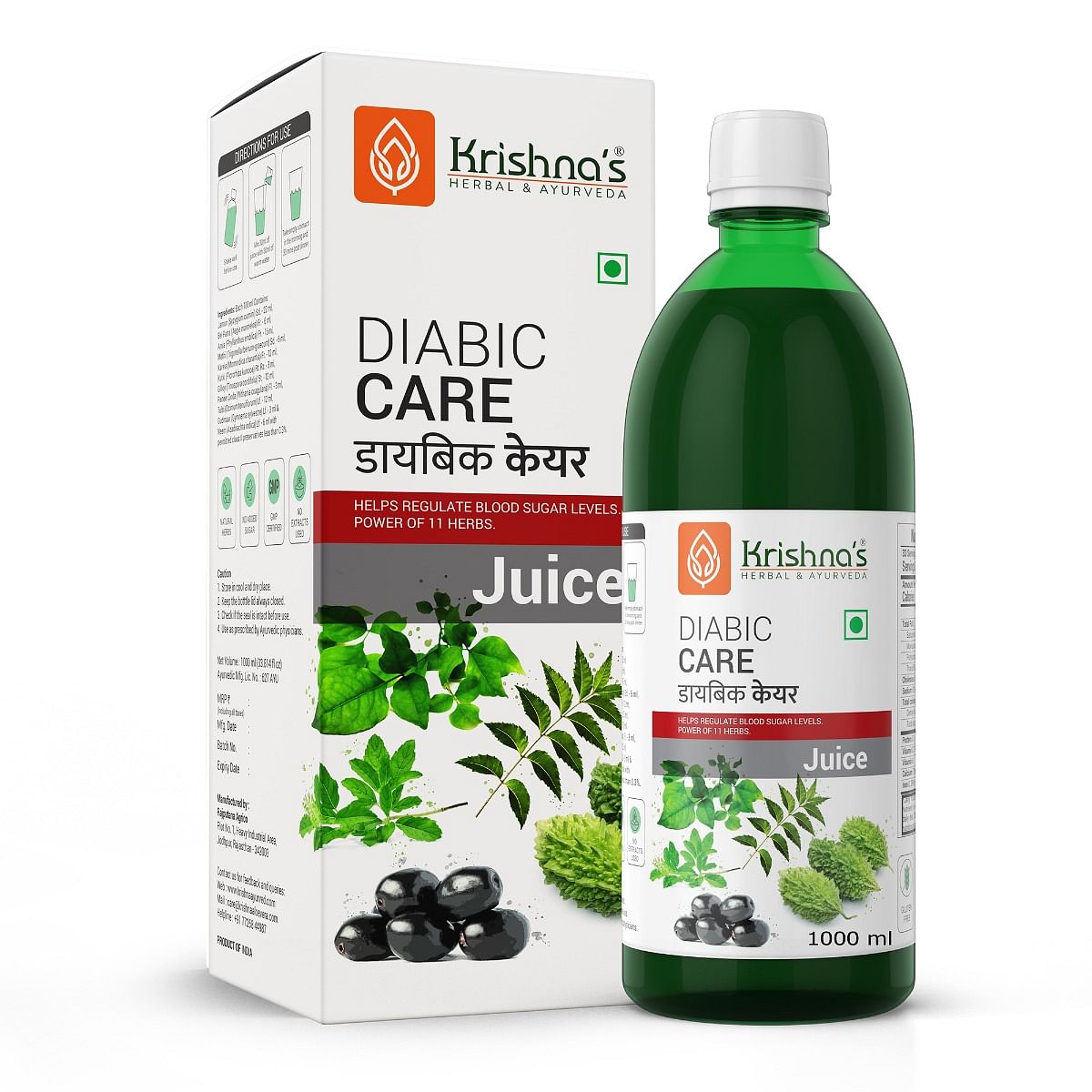 

Krishna's Diabic Care Juice - 1000 ml | Blend of 11 herbs Methi, Amla, Karela, Jamun, Kutki, Guduchi & 5 other herbs to manage sugar levels