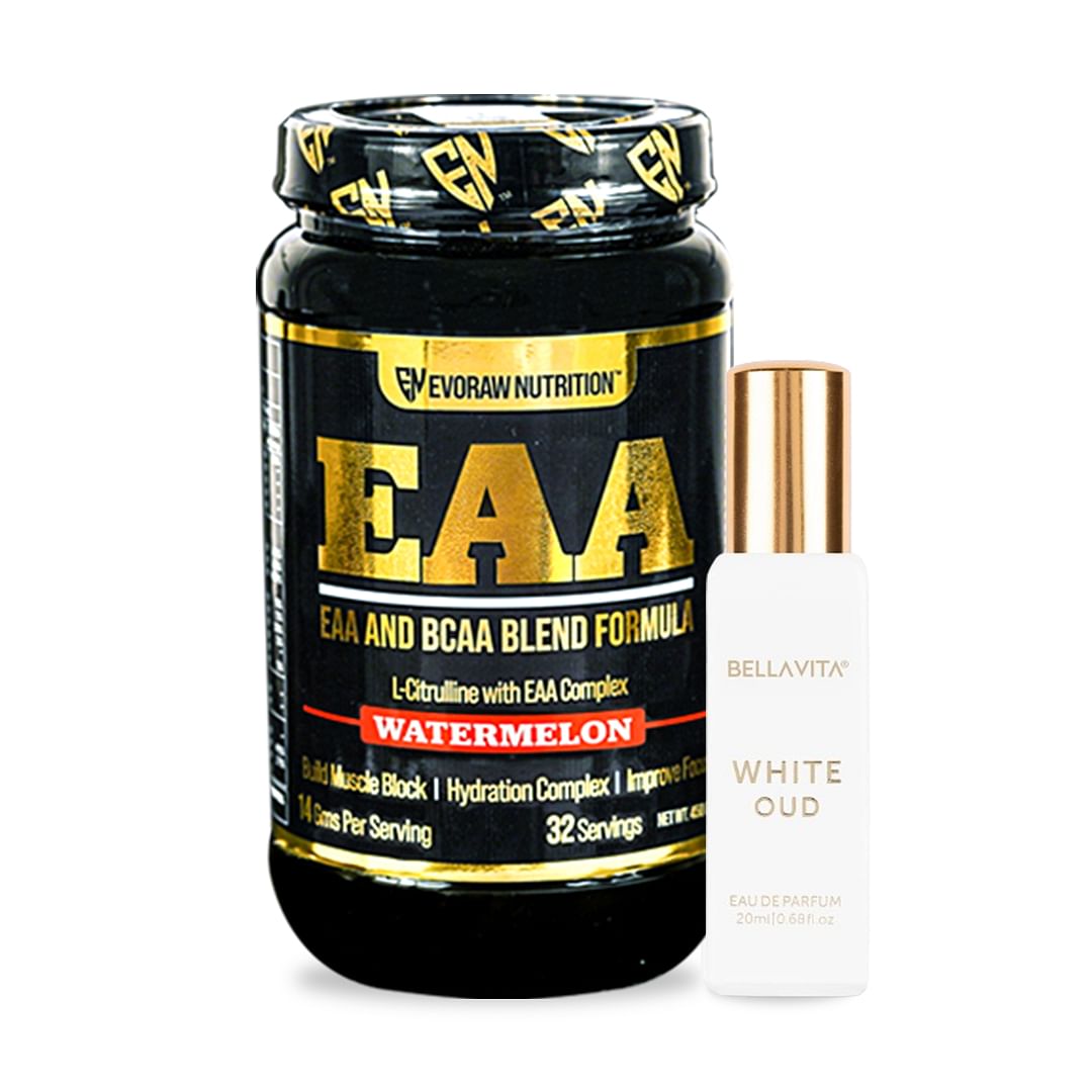 

Evoraw Nutrition EAA Watermelon (450g, 32 servings) 8.1g of EAA & BCAA, 2g Citrulline, 200mg Theanine, 1.5g Hydration Complex for Men & Women with ...