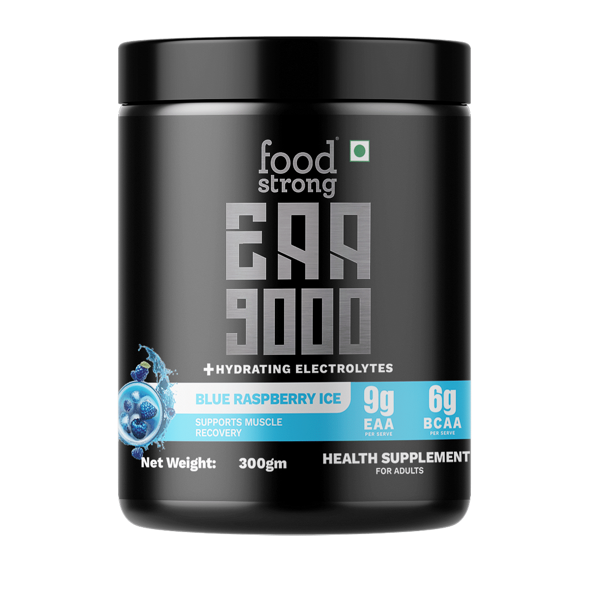 

Foodstrong EAA 9000 with Hydrating Electrolytes, Blue Raspberry Ice Flavour, Supports Muscle Recovery & Rehydration – 300g, 25 Servings