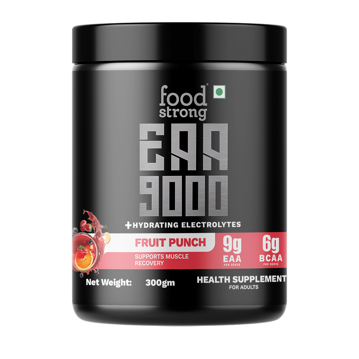 

Foodstrong EAA 9000 with Hydrating Electrolytes, Fruit Punch Flavour, Supports Muscle Recovery & Rehydration – 300g, 25 Servings