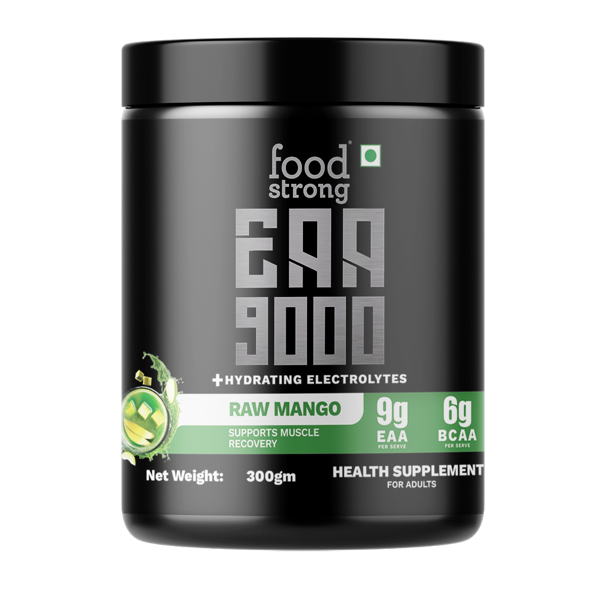 

Foodstrong EAA 9000 with Hydrating Electrolytes, Raw Mango Flavour, Supports Muscle Recovery & Rehydration – 300g, 25 Servings