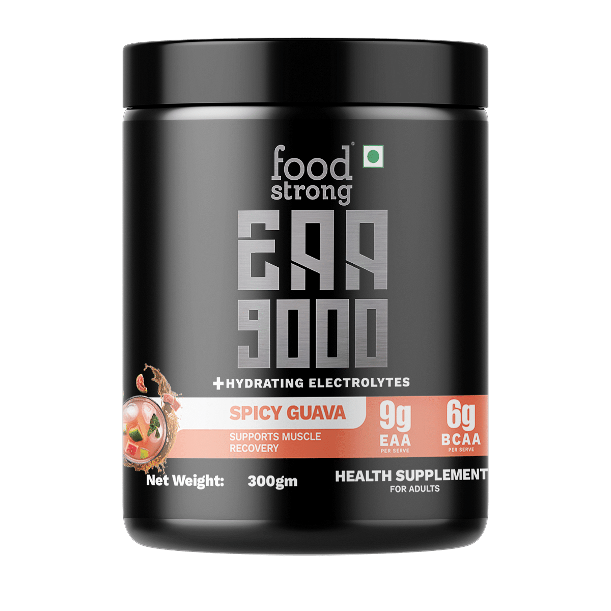 

Foodstrong EAA 9000 with Hydrating Electrolytes, Spicy Guava Flavour, Supports Muscle Recovery & Rehydration – 300g, 25 Servings