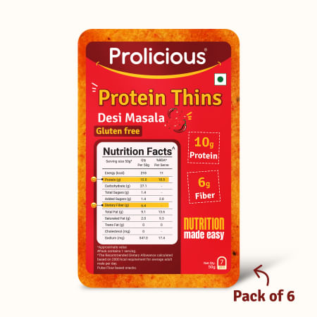 

Prolicious High Protein Gluten Free Desi Masala Protein Thins (Pack of 6, 50gm each)