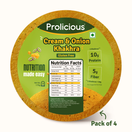 

Prolicious High Protein Cream & Onion Khakhra (Pack of 4, 170gm each) - Gluten Free