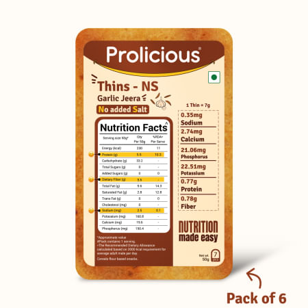 

Prolicious High Protein No Salt Garlic Jeera Thins (Pack of 6, 50gm each)