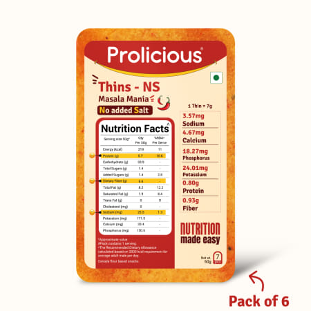 

Prolicious High Protein No Salt Masala Mania Thins (Pack of 6, 50gm each)