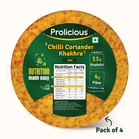 

Prolicious High Protein Chilli Coriander Khakhra (Pack of 4, 170gm each) - Jain
