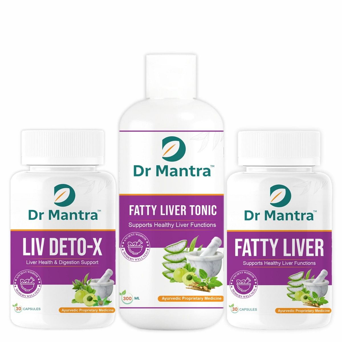 

Dr Mantra Fatty liver pack of 3 ( Tonic+fatty liver cap + liver detox capsule)