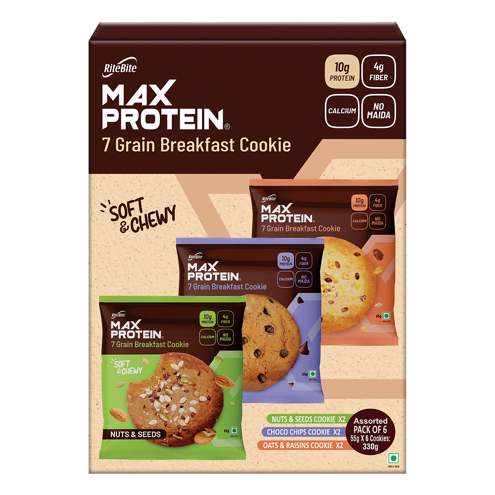 

RiteBite Max Protein Cookies Assorted - Choco Chips x 1, Nuts & Seeds x 1 , Oats & Raisins x 1 (Pack of 6), 330 g