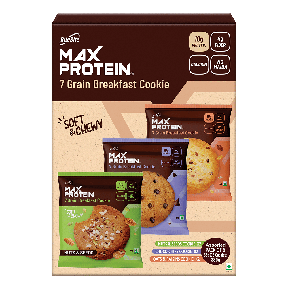 RiteBite Max Protein Cookies Assorted - Choco Chips x 1, Nuts & Seeds x 1 , Oats & Raisins x 1 | 6 Cookies| 330g