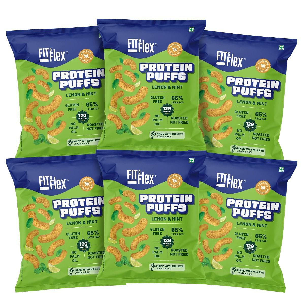 

Fit & Flex Protein Puffs | Lemon & Mint | Jowar & Ragi Healthy Roasted Snacks | 12G Protein, Gluten free, No Trans-Fat, No Palm Oil | 55g x Pack of 6