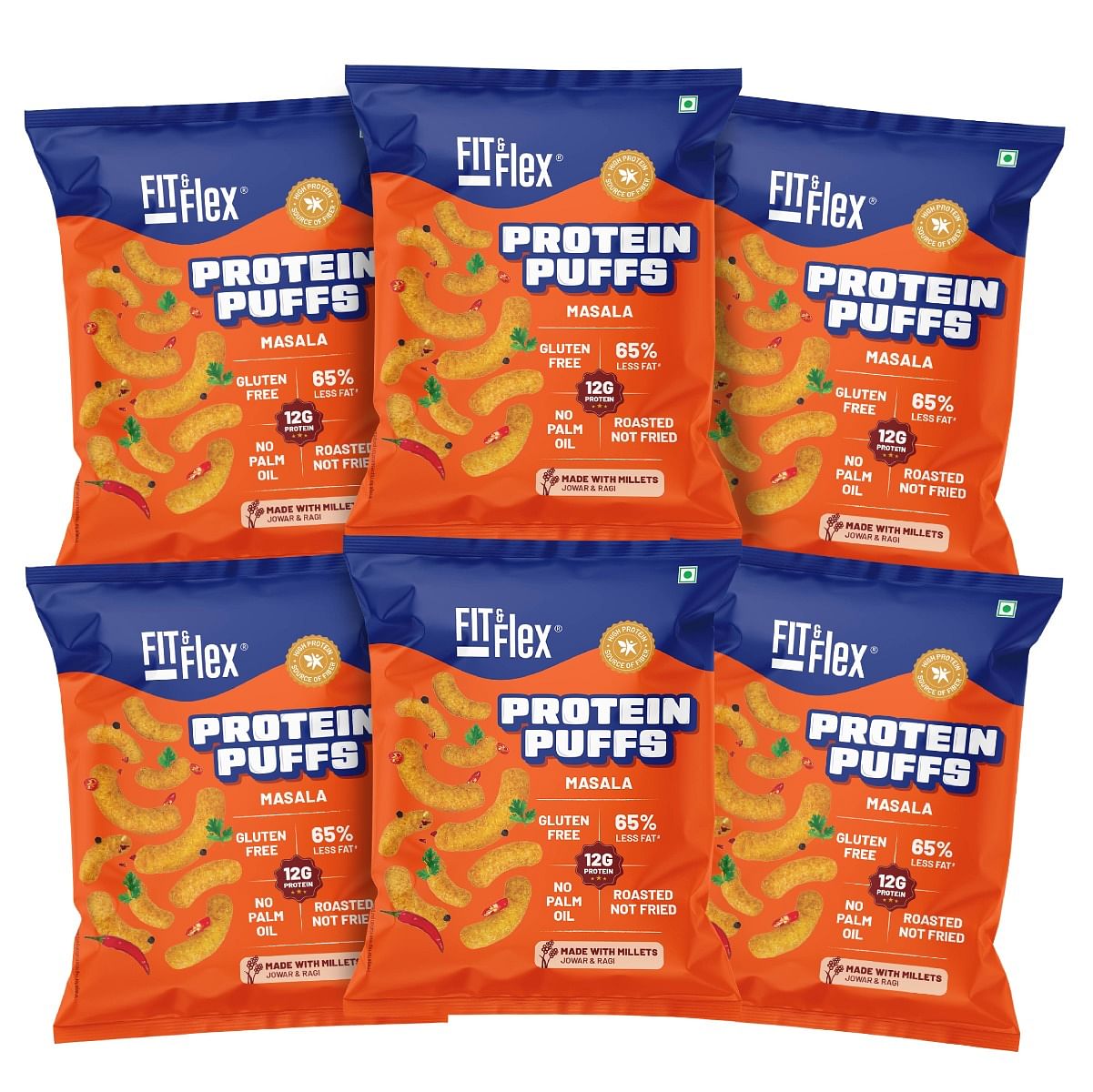 

Fit & Flex Protein Puffs | Masala | Jowar & Ragi Healthy Roasted Snacks | 12G Protein, Gluten free, No Trans-Fat, No Palm Oil | 55g x Pack of 6