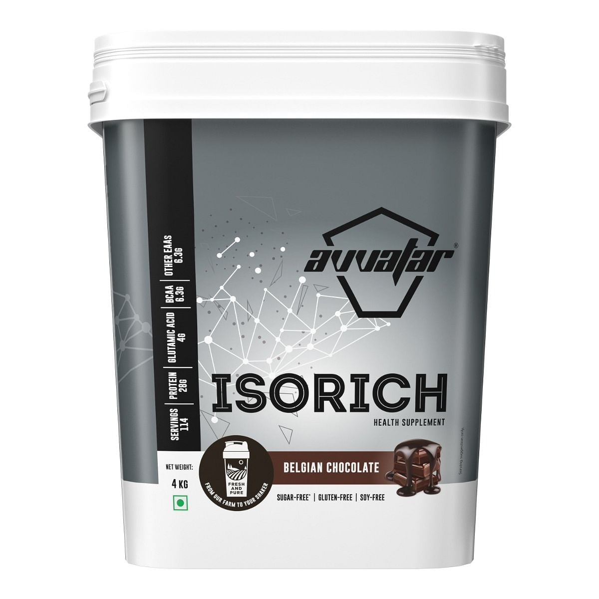 

Avvatar Isorich Protein 4kg | Belgian Chocolate | 114 Servings | 28g Protein