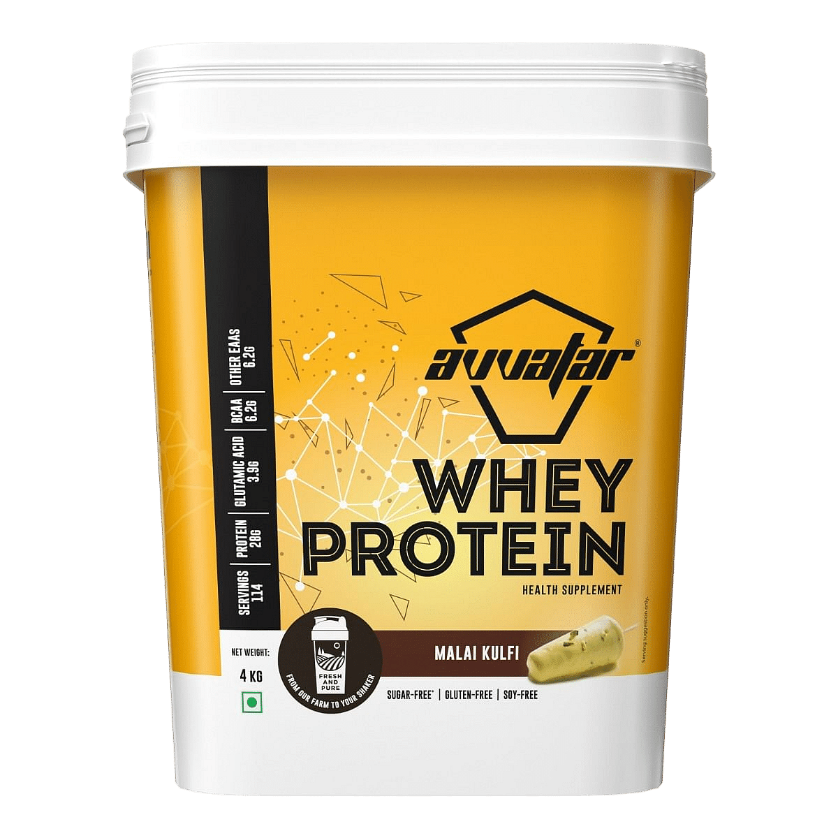 

Avvatar Whey Protein 4kg | Malai Kulfi | 114 Servings | 28g Protein | Sugar free | Gluten free | Soy free