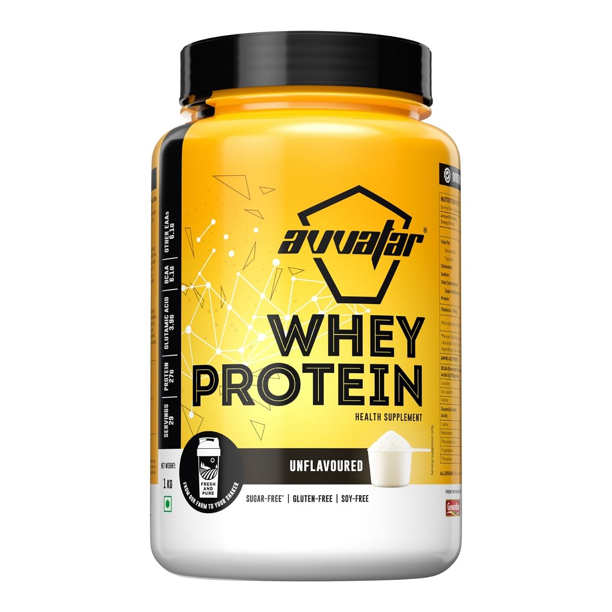 

Avvatar Whey Protein 1kg | Unflavoured | 29 Servings | 27.6g Protein | Sugar free | Gluten free | Soy free