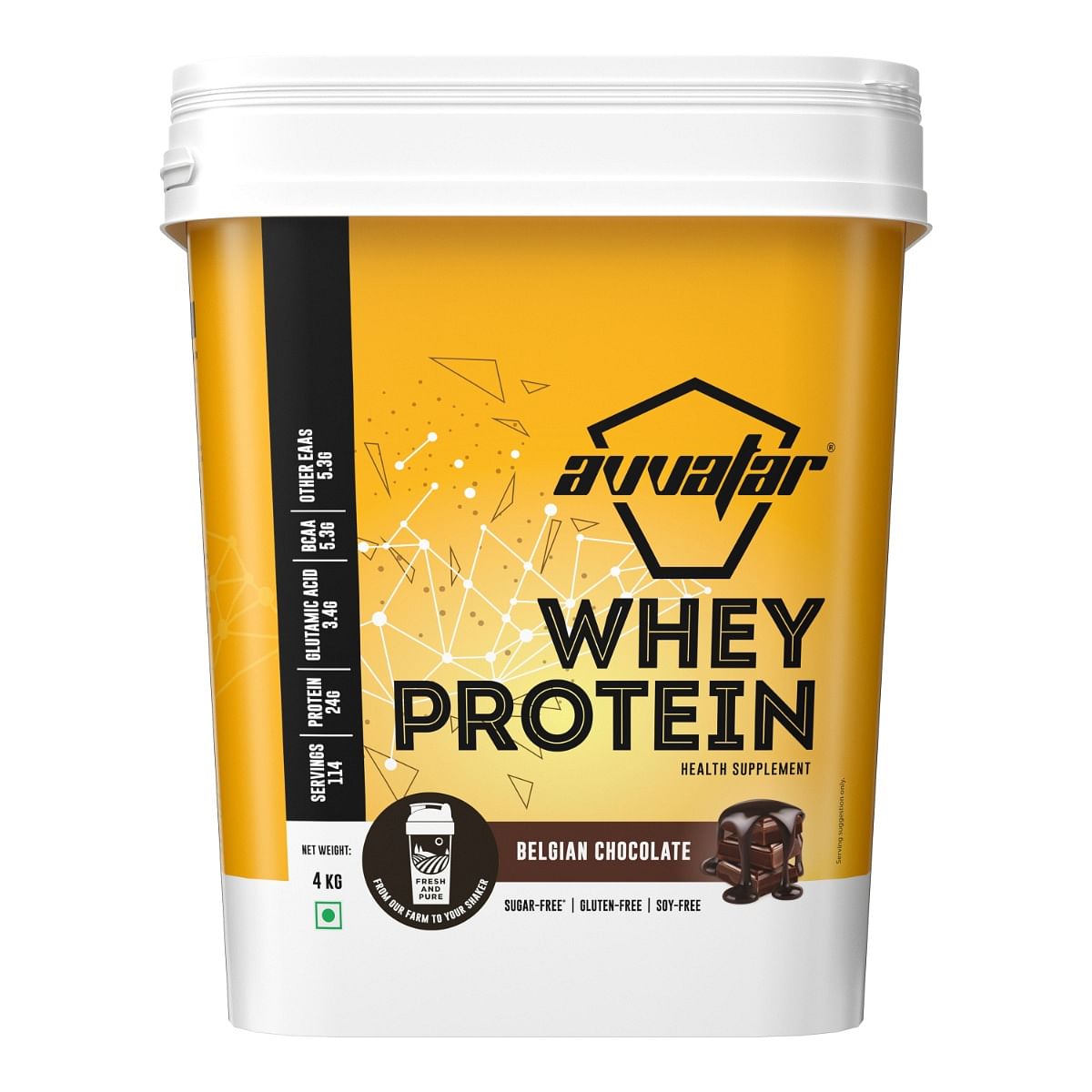 

Avvatar Whey Protein 4kg | Belgian Chocolate | 114 Servings | 24g Protein | Sugar free | Gluten free | Soy free