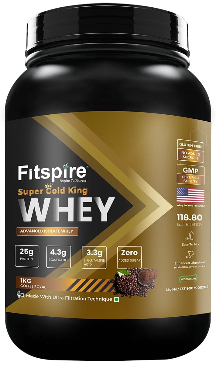 

Fitspire Super Gold king Advanced isolate Whey Protein - 1 kg/2.2 lb | 25 gm Protein | 4.3 gm BCAA | 3.3gm L-Glutamine acid | Zero Added sugar | Po...